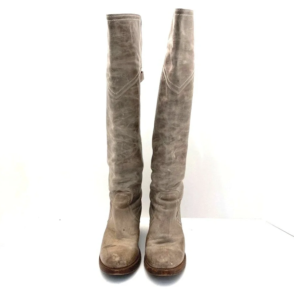 Frye Jane Leather Boots Distressed Taupe Womens 6B‎ 77594 Fold Over Cuff OTK